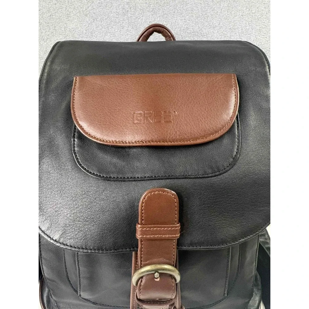 BREE Germany Leather Backpack Purse Black Brown Two Tone Drawstring Flap Bag VTG